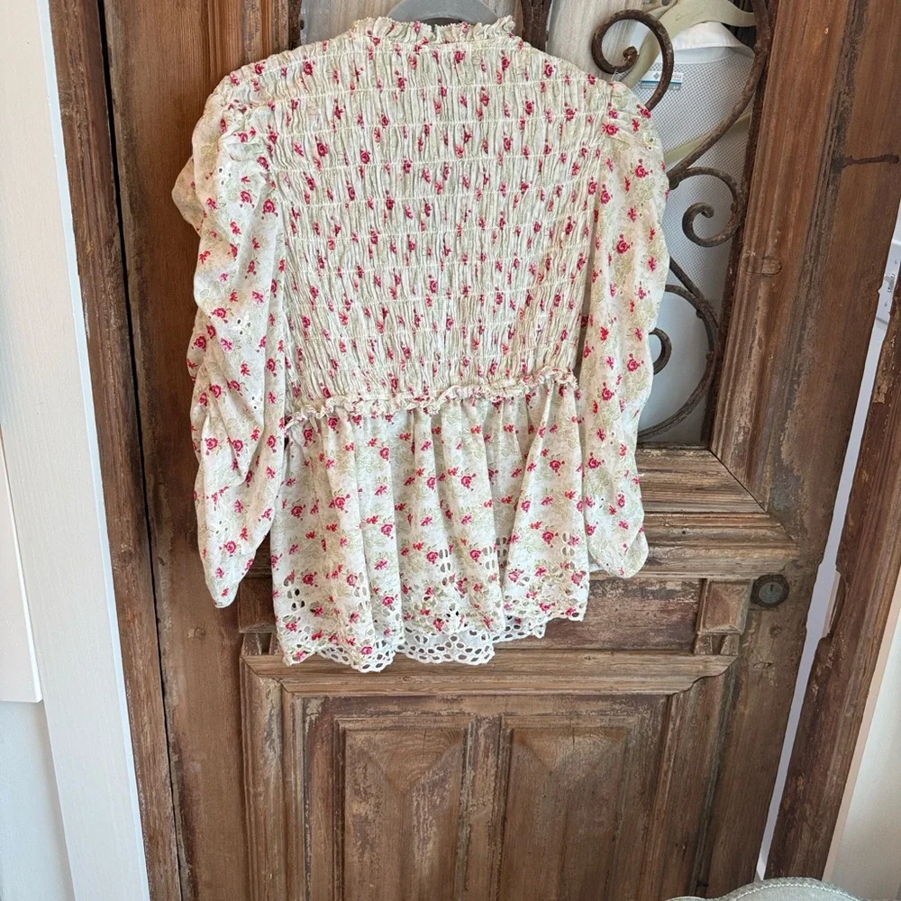 Anthropologie Cream Blouse with Pink Rose Print and Smocked Bodice